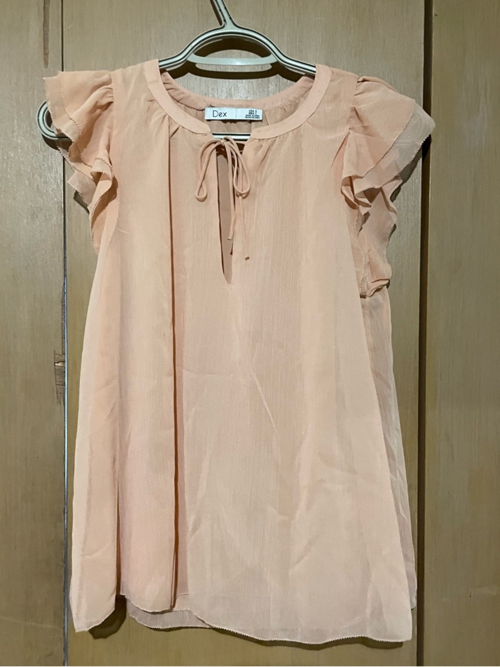 Dex Peach Tie-Neck Flutter Sleeve Blouse